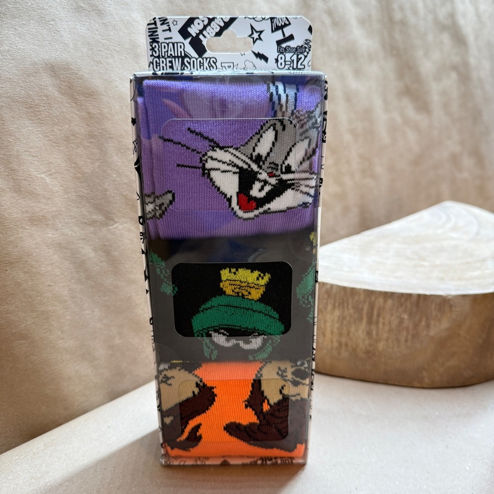 Looney Tunes 3 Pack Crew Socks Bugs Bunny Marvin Martian Taz Shoe Size 8-12 New